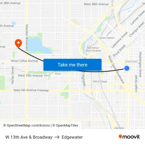 W 13th Ave & Broadway to Edgewater map