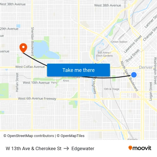 W 13th Ave & Cherokee St to Edgewater map