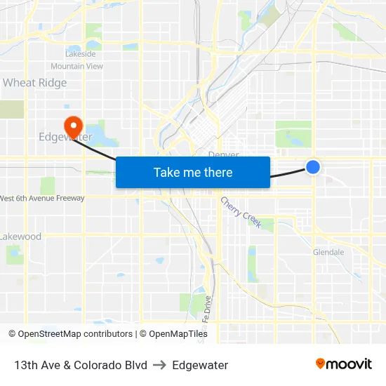 13th Ave & Colorado Blvd to Edgewater map