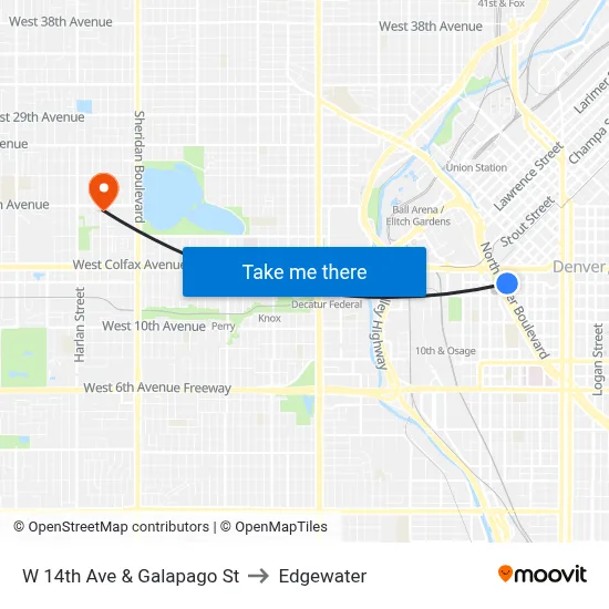 W 14th Ave & Galapago St to Edgewater map