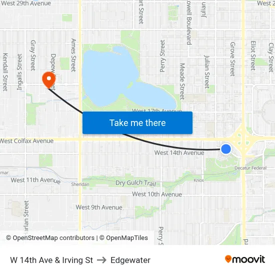 W 14th Ave & Irving St to Edgewater map