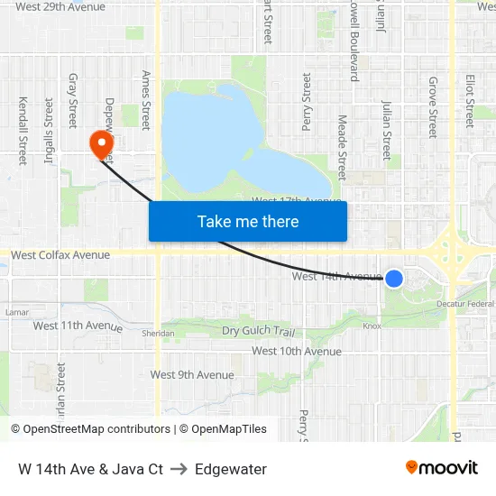 W 14th Ave & Java Ct to Edgewater map