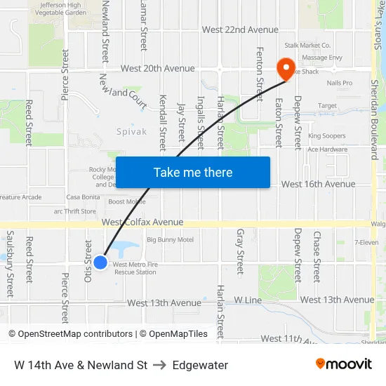 W 14th Ave & Newland St to Edgewater map