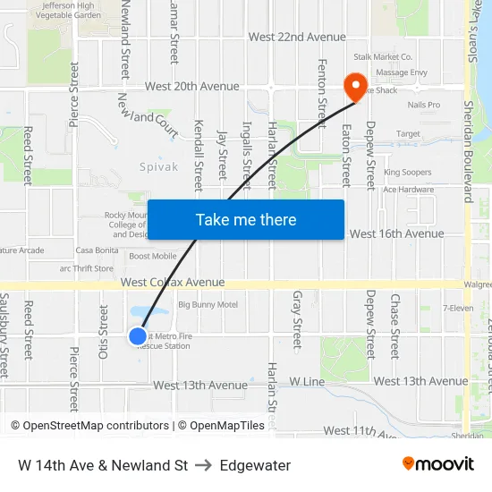 W 14th Ave & Newland St to Edgewater map