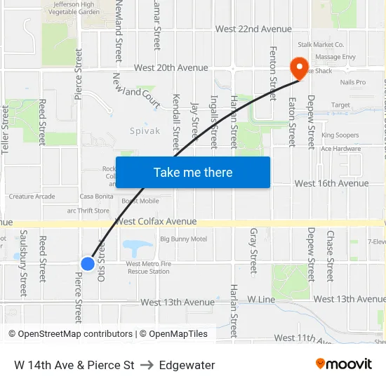 W 14th Ave & Pierce St to Edgewater map