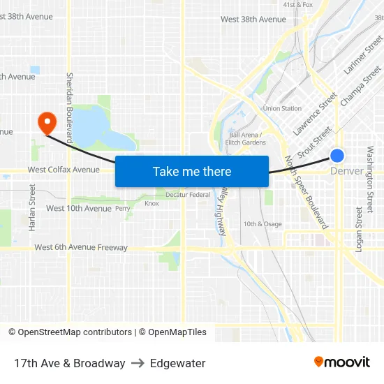 17th Ave & Broadway to Edgewater map