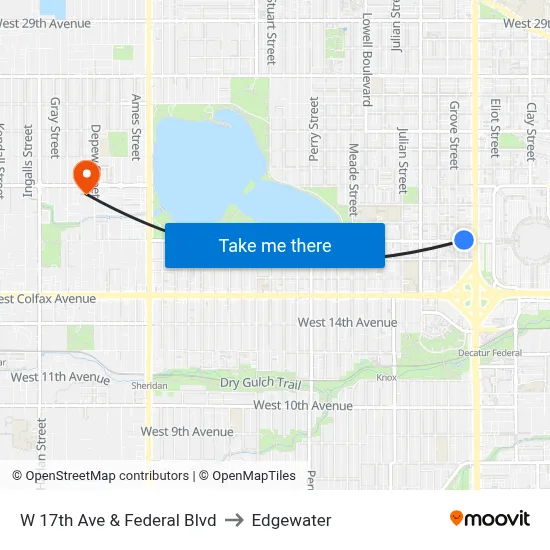 W 17th Ave & Federal Blvd to Edgewater map