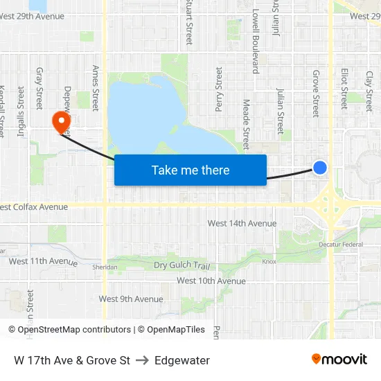 W 17th Ave & Grove St to Edgewater map