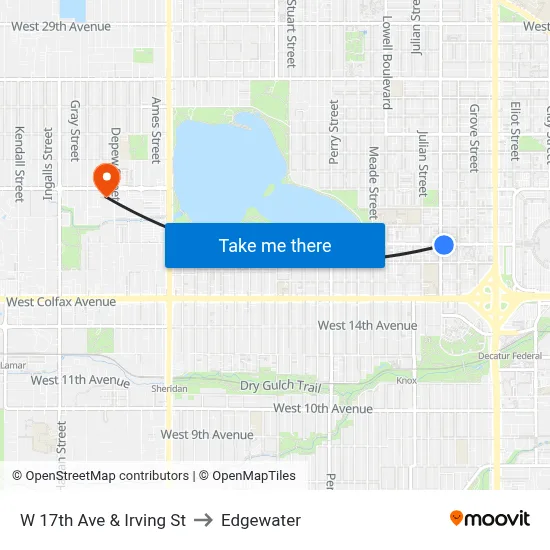 W 17th Ave & Irving St to Edgewater map