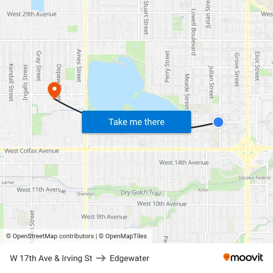 W 17th Ave & Irving St to Edgewater map