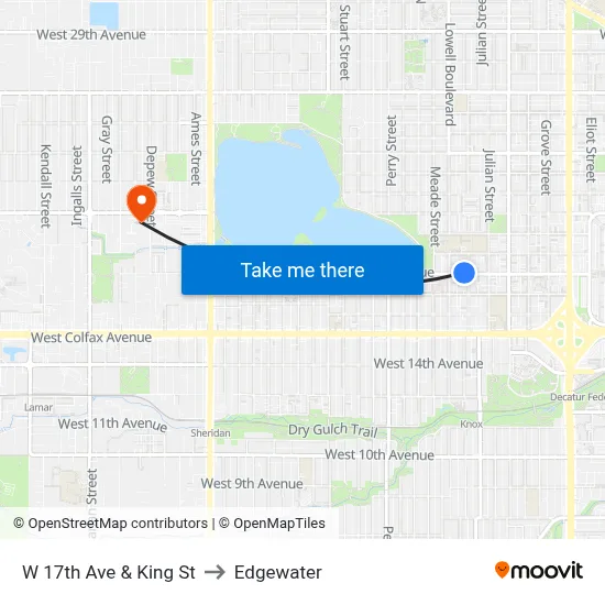 W 17th Ave & King St to Edgewater map