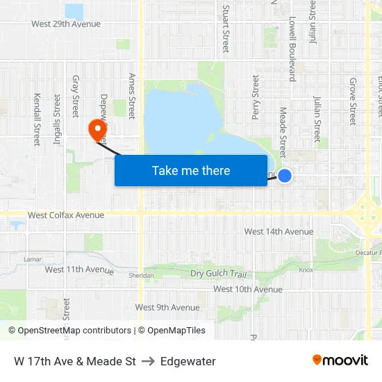 W 17th Ave & Meade St to Edgewater map