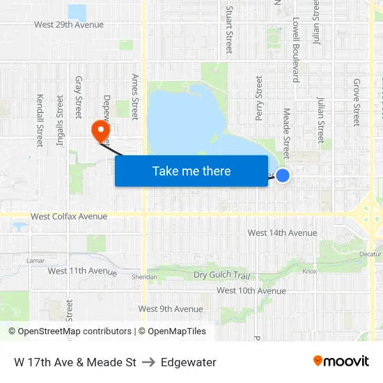 W 17th Ave & Meade St to Edgewater map