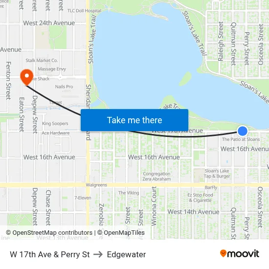 W 17th Ave & Perry St to Edgewater map