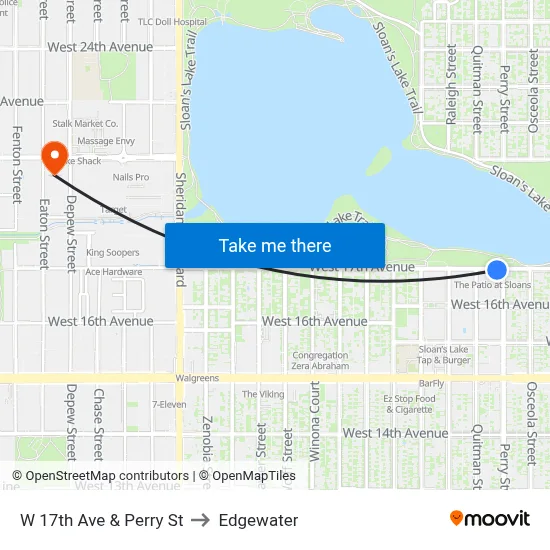 W 17th Ave & Perry St to Edgewater map