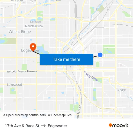 17th Ave & Race St to Edgewater map