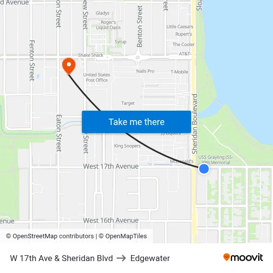W 17th Ave & Sheridan Blvd to Edgewater map