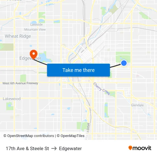 17th Ave & Steele St to Edgewater map