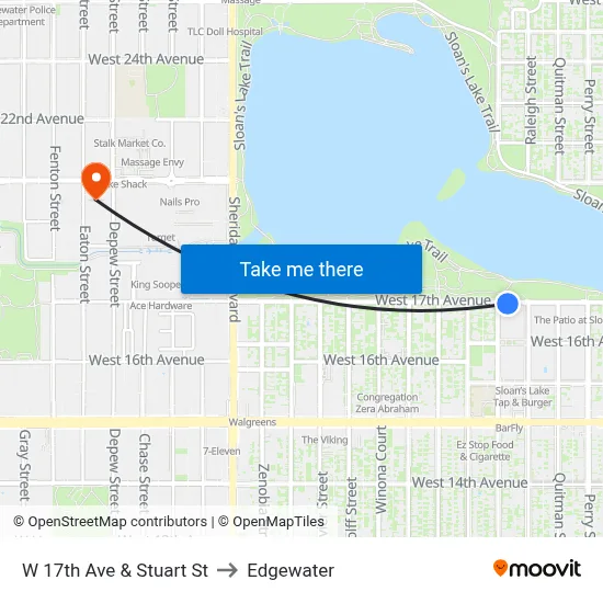W 17th Ave & Stuart St to Edgewater map