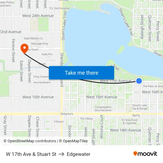 W 17th Ave & Stuart St to Edgewater map