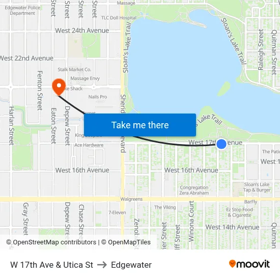 W 17th Ave & Utica St to Edgewater map