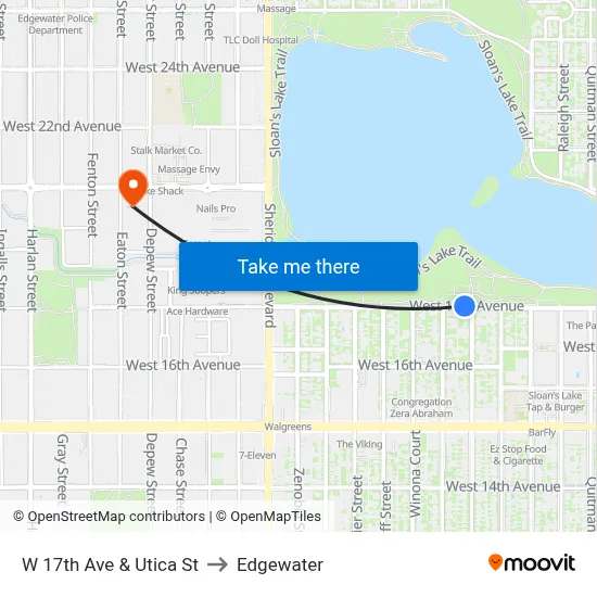 W 17th Ave & Utica St to Edgewater map