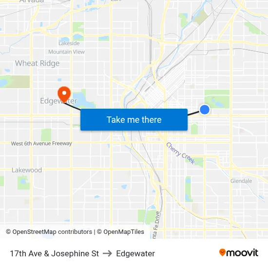 17th Ave & Josephine St to Edgewater map