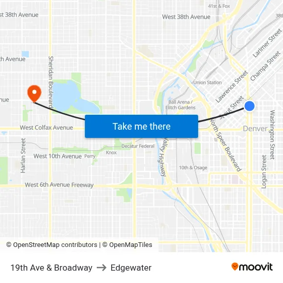 19th Ave & Broadway to Edgewater map