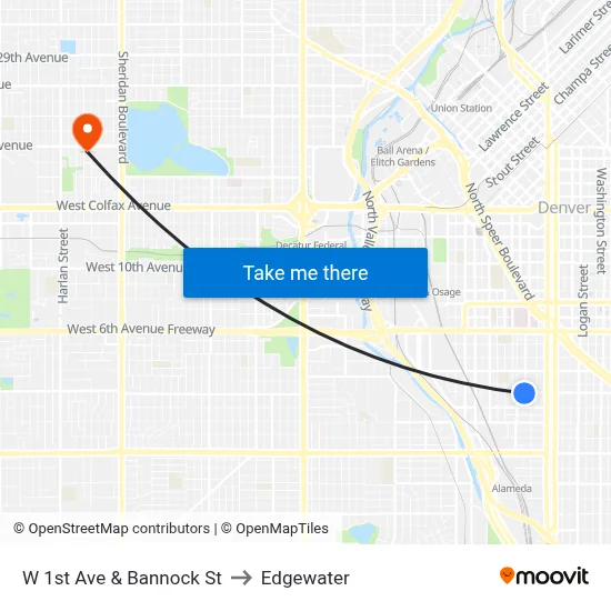 W 1st Ave & Bannock St to Edgewater map