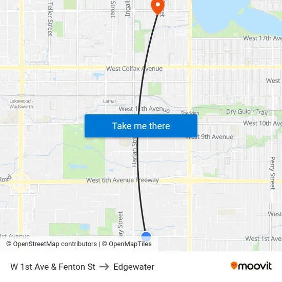 W 1st Ave & Fenton St to Edgewater map