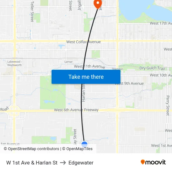 W 1st Ave & Harlan St to Edgewater map