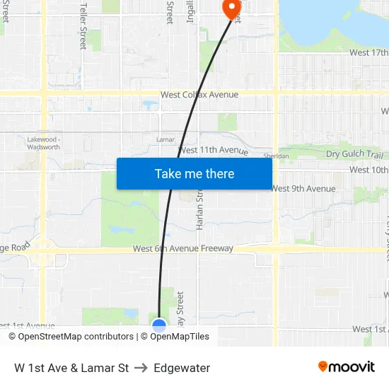 W 1st Ave & Lamar St to Edgewater map