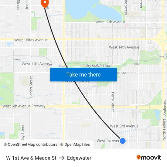 W 1st Ave & Meade St to Edgewater map
