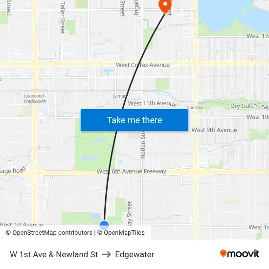 W 1st Ave & Newland St to Edgewater map