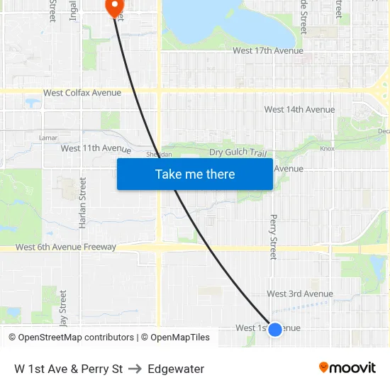 W 1st Ave & Perry St to Edgewater map
