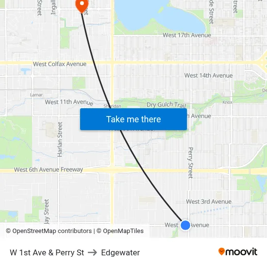 W 1st Ave & Perry St to Edgewater map