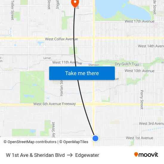 W 1st Ave & Sheridan Blvd to Edgewater map