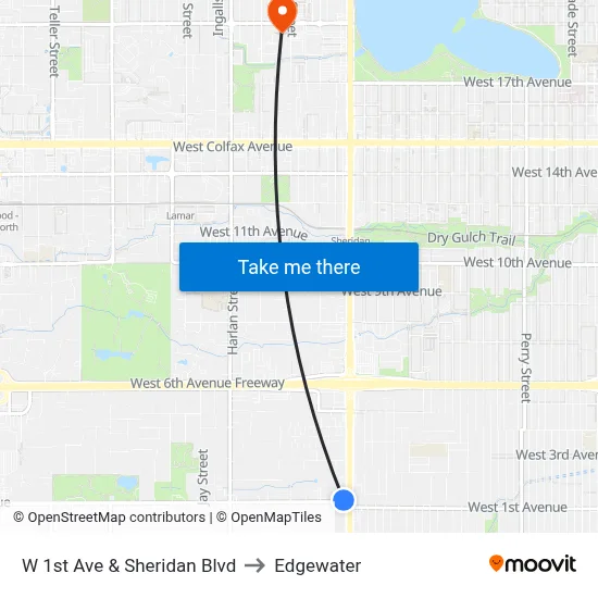 W 1st Ave & Sheridan Blvd to Edgewater map
