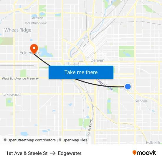 1st Ave & Steele St to Edgewater map