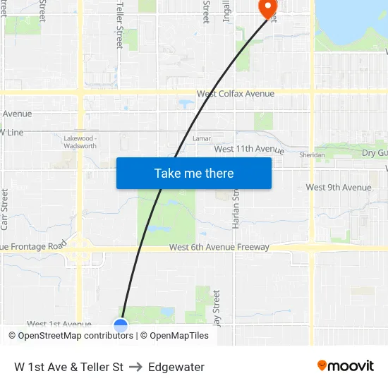 W 1st Ave & Teller St to Edgewater map