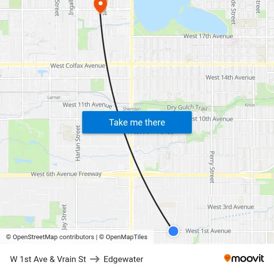 W 1st Ave & Vrain St to Edgewater map