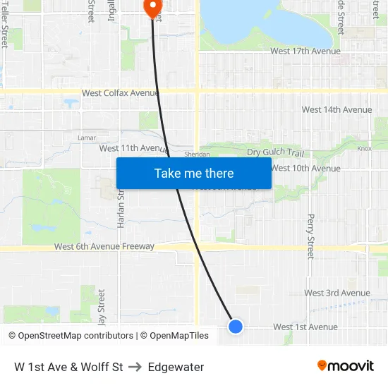 W 1st Ave & Wolff St to Edgewater map