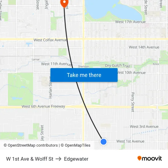 W 1st Ave & Wolff St to Edgewater map