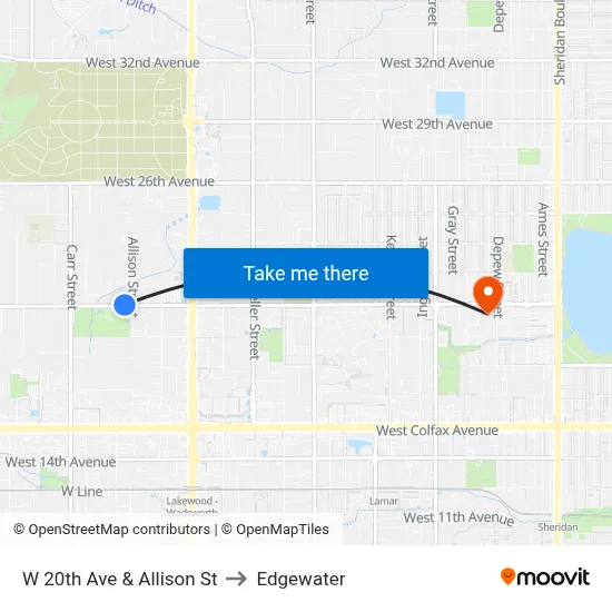 W 20th Ave & Allison St to Edgewater map