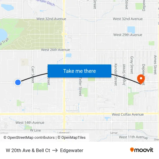 W 20th Ave & Bell Ct to Edgewater map