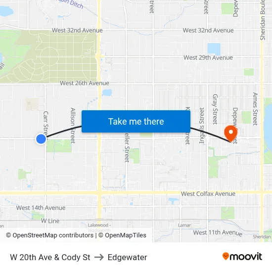 W 20th Ave & Cody St to Edgewater map