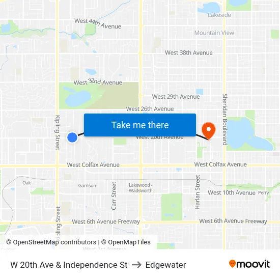 W 20th Ave & Independence St to Edgewater map