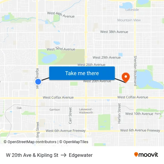W 20th Ave & Kipling St to Edgewater map