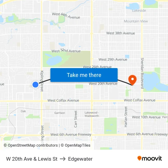 W 20th Ave & Lewis St to Edgewater map
