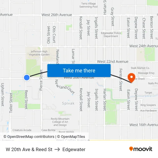 W 20th Ave & Reed St to Edgewater map
